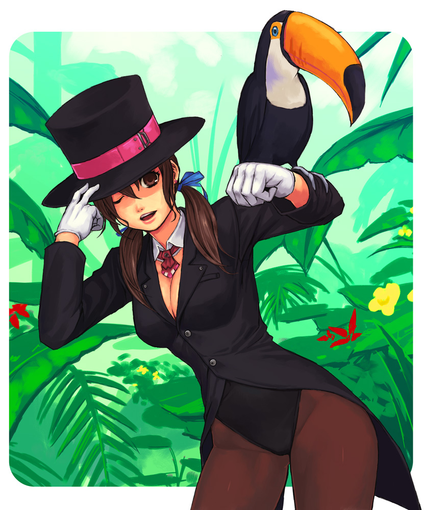 yuuji (and), original, bad id, bad pixiv id, 1girl, bird, breasts, brown eyes, brown hair, cleavage, female focus, hat, hat tip, one eye closed, pantyhose, small breasts, solo, top hat, toucan, twintails, wink