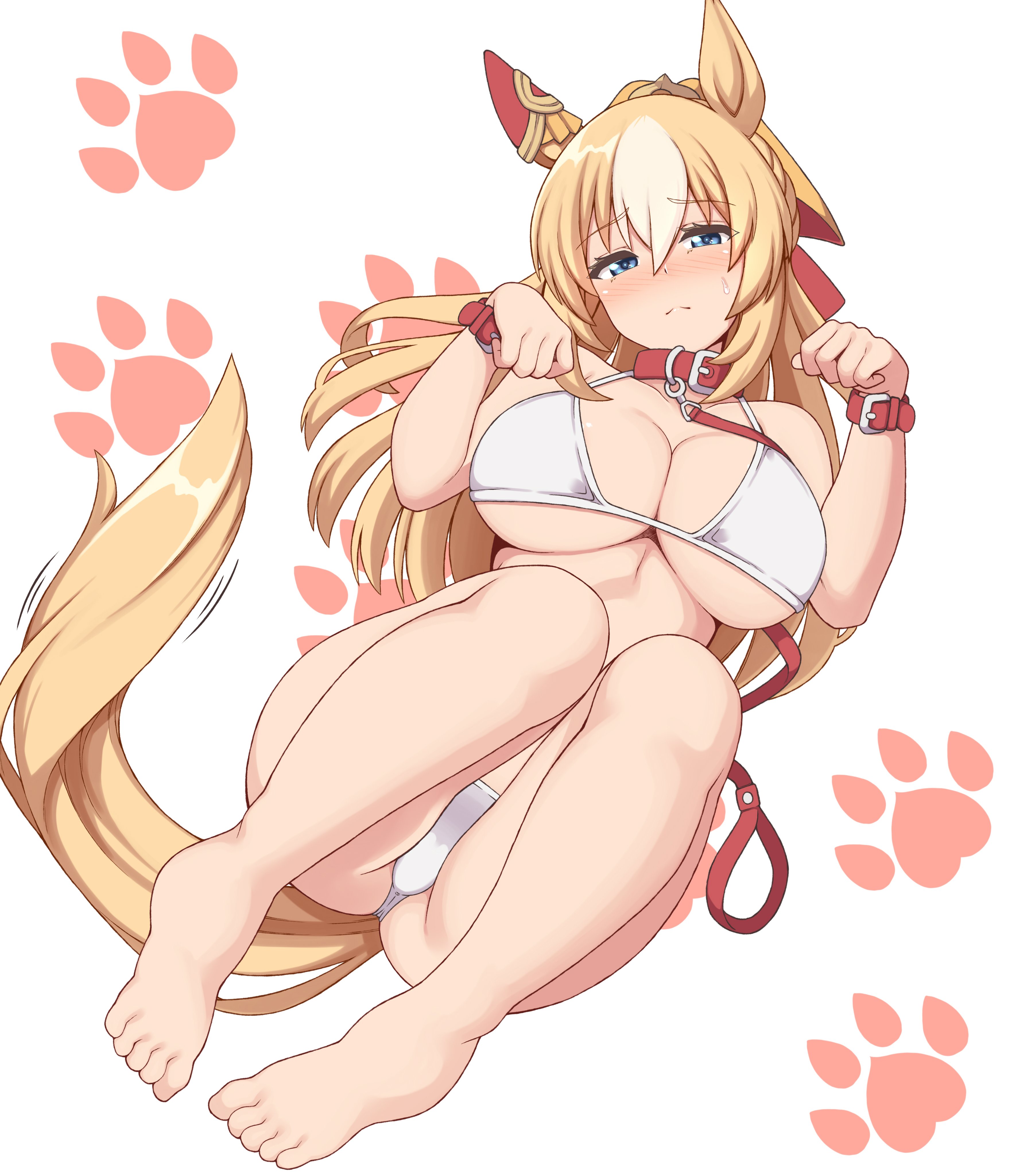 hakutaqanta, durandal (umamusume), umamusume, absurdres, commentary request, highres, 1girl, animal collar, animal ears, barefoot, bikini, blonde hair, blue eyes, blush, breasts, cleavage, closed mouth, collar, ear covers, feet, full body, hair between eyes, horse ears, horse girl, horse tail, large breasts, leash, legs, looking at viewer, nose blush, on bed, paw print, pet play, red collar, simple background, single ear cover, solo, sweat, swimsuit, tail, thighs, toes, white background, white bikini, white streaks, yellow tail