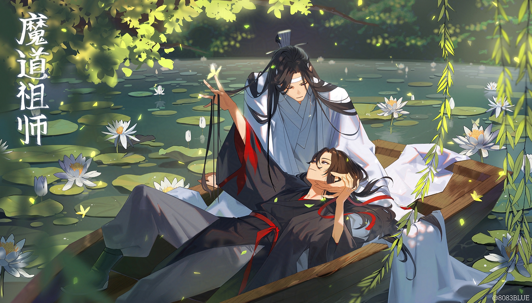 8083 blue, lan wangji, wei wuxian, modao zushi, commentary request, highres, translation request, black boots, black hair, boat, boots, closed mouth, day, flower, grey pants, hair spread out, japanese clothes, lake, lily pad, long hair, long sleeves, looking at another, male focus, outdoors, pants, twitter username, very long hair, watercraft, white flower, wide sleeves, yaoi