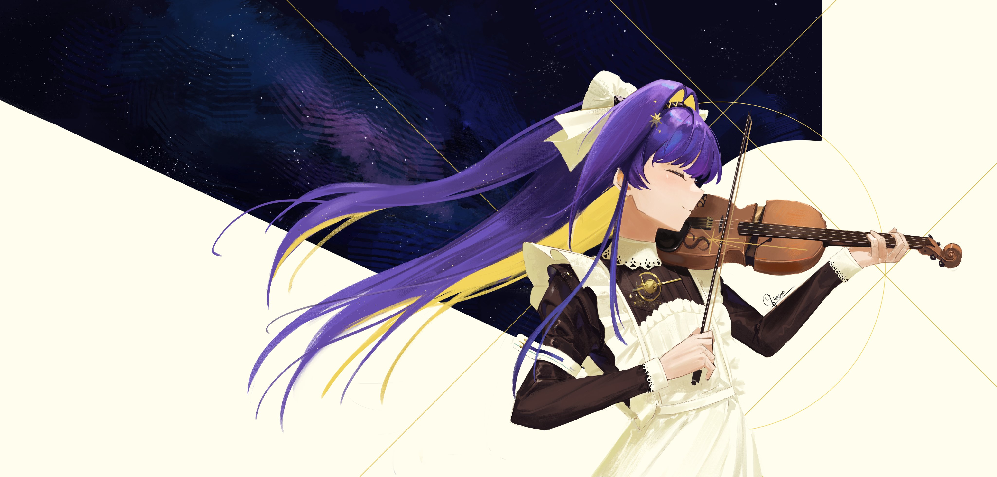 upmocks, voyager (reverse:1999), reverse:1999, absurdres, highres, 1girl, apron, black dress, black hairband, blue hair, bow (music), closed eyes, colored inner hair, dress, floating hair, frilled apron, frills, hair intakes, hair ornament, hairband, hands up, holding, holding bow (music), holding instrument, holding violin, instrument, long hair, multicolored hair, music, playing instrument, profile, school uniform, solo, soviet school uniform, star (sky), star (symbol), star hair ornament, starry sky background, two-tone background, upper body, very long hair, violin, white apron, white background
