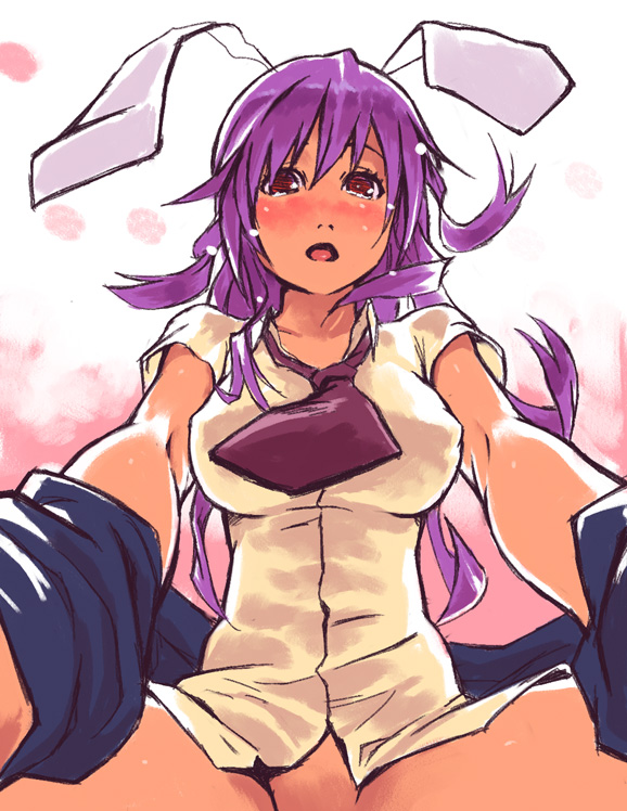 yuuji (and), reisen udongein inaba, touhou, bad id, bad pixiv id, 1girl, animal ears, blazer, blouse, blush, bottomless, female focus, jacket, long hair, necktie, out-of-frame censoring, purple hair, rabbit ears, red eyes, red necktie, sexually suggestive, shirt, solo, tears, white shirt