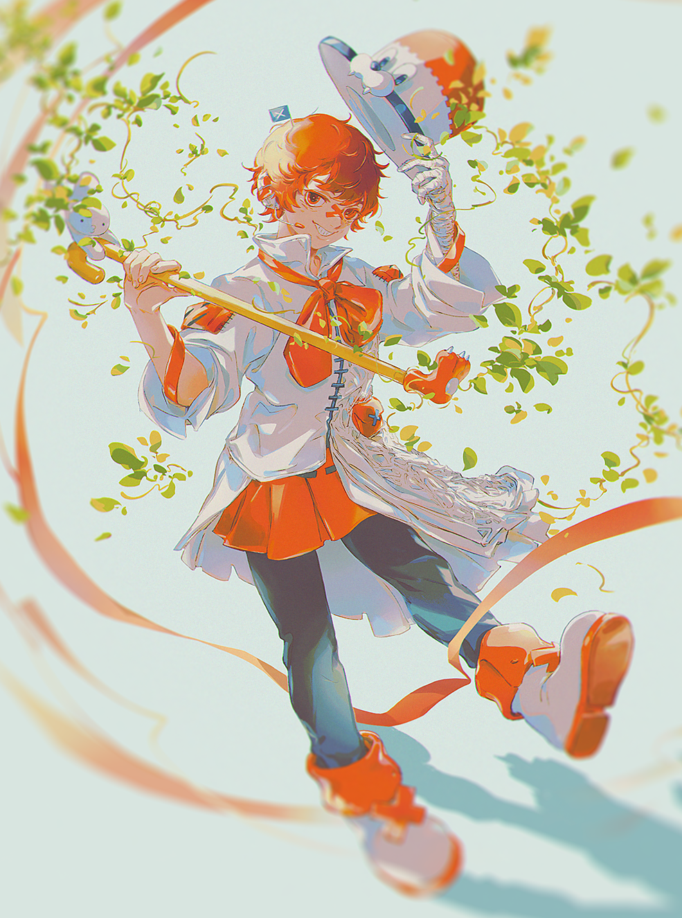 asertr, fukase, point (vocaloid), vocaloid, highres, 1boy, :d, animal hat, ankle boots, asymmetrical clothes, bandaid, bandaid on face, bandaid on nose, black pants, blurry, blurry foreground, boots, bow, bowtie, cane, chromatic aberration, coat, collared coat, colored shoe soles, crossed bandaids, depth of field, film grain, fingernails, full body, grey background, grin, hat, head flag, headset, holding, holding cane, holding unworn clothes, holding unworn hat, leaf, looking at viewer, male focus, miniskirt, open mouth, pants, pleated skirt, red bow, red bowtie, red eyes, red hair, red skirt, shadow, short hair, simple background, skirt, smile, solo, standing, standing on one leg, three-quarter sleeves, top hat, unworn hat, unworn headwear, white boots, white coat, white hat