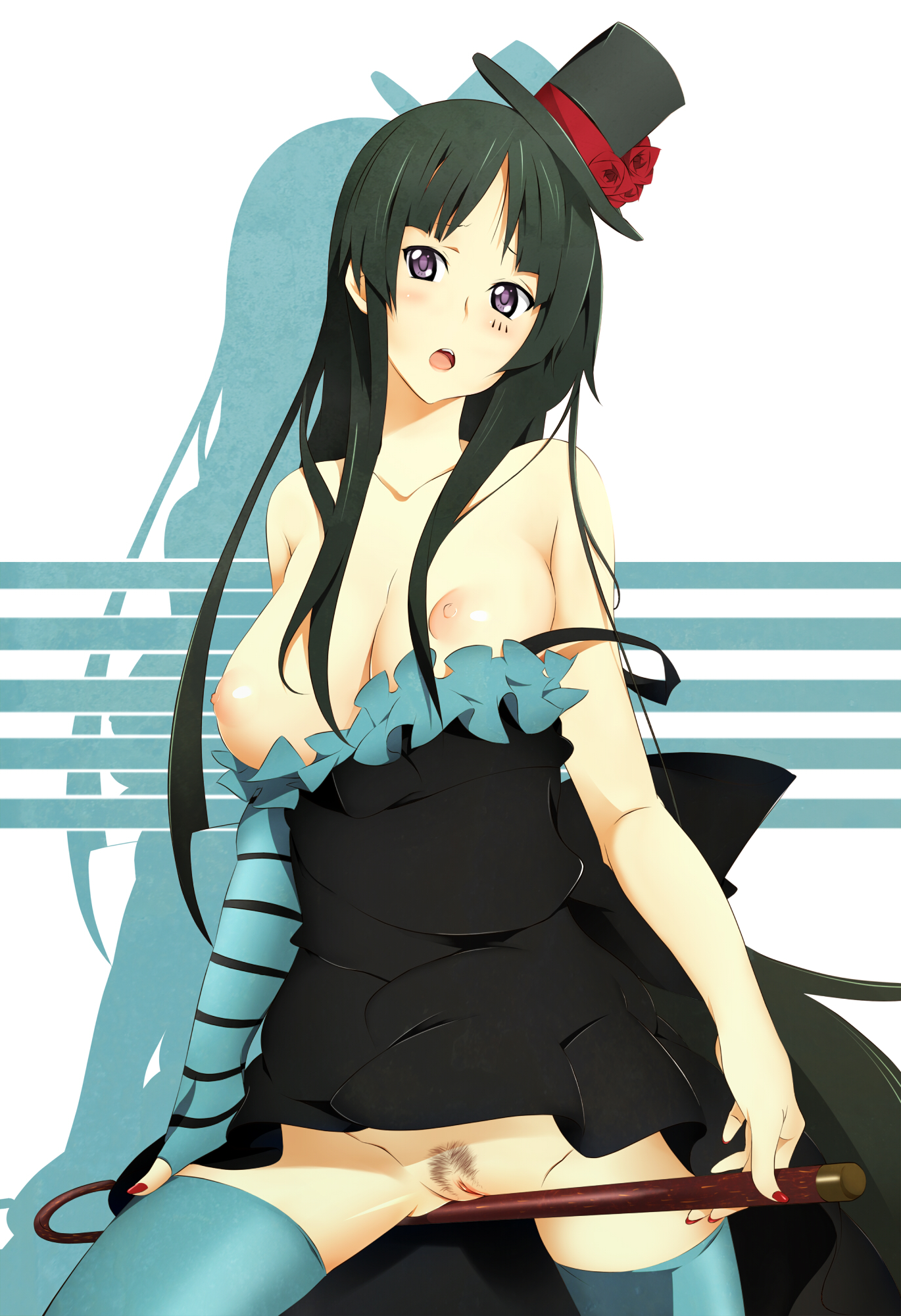 nanao (mahaya), akiyama mio, don't say "lazy", k-on!, bad id, bad pixiv id, highres, 00s, 1girl, black hair, blunt bangs, breasts, cane, cleft of venus, dress, female focus, female pubic hair, frills, hat, hime cut, long hair, looking at viewer, mini hat, mini top hat, nail polish, nipples, no panties, pubic hair, purple eyes, pussy, red nails, solo, thighhighs, top hat, topless female, uncensored