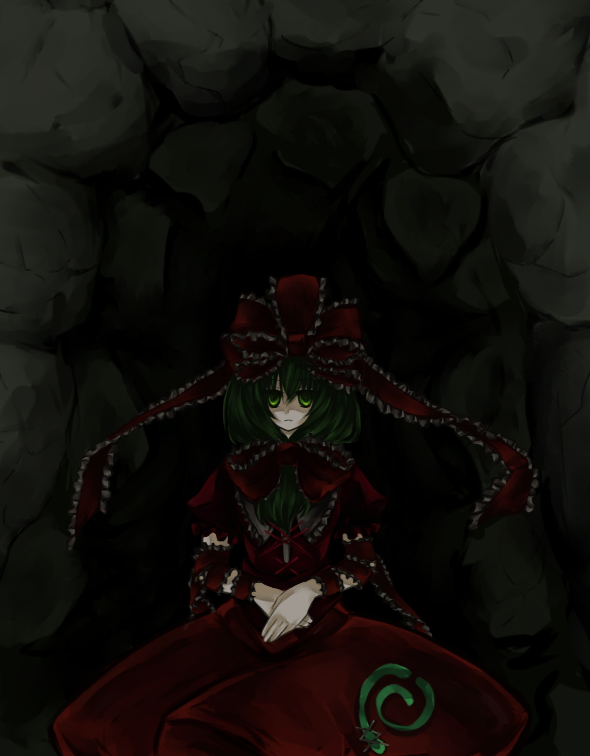 zoo min, kagiyama hina, touhou, bad id, bad pixiv id, 1girl, dark, female focus, front ponytail, green eyes, green hair, hair ribbon, long hair, matching hair/eyes, ribbon, solo