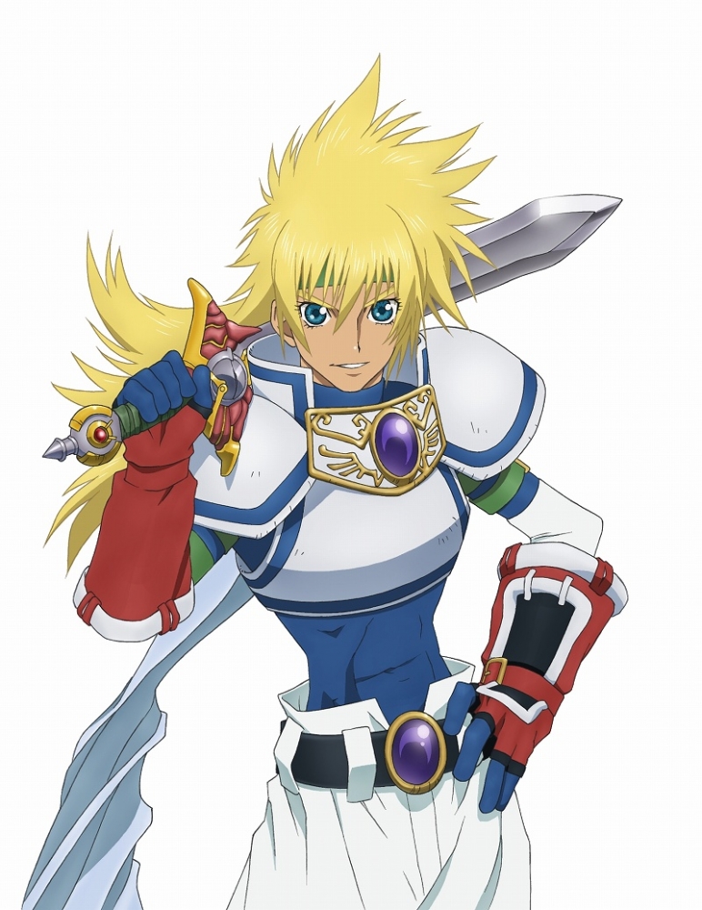 stahn aileron, tales of (series), tales of destiny, official art, 1boy, armor, belt, blonde hair, blue eyes, cape, gloves, hand on own hip, headband, hip focus, long hair, male focus, over shoulder, smile, solo, sword, sword over shoulder, weapon, weapon over shoulder