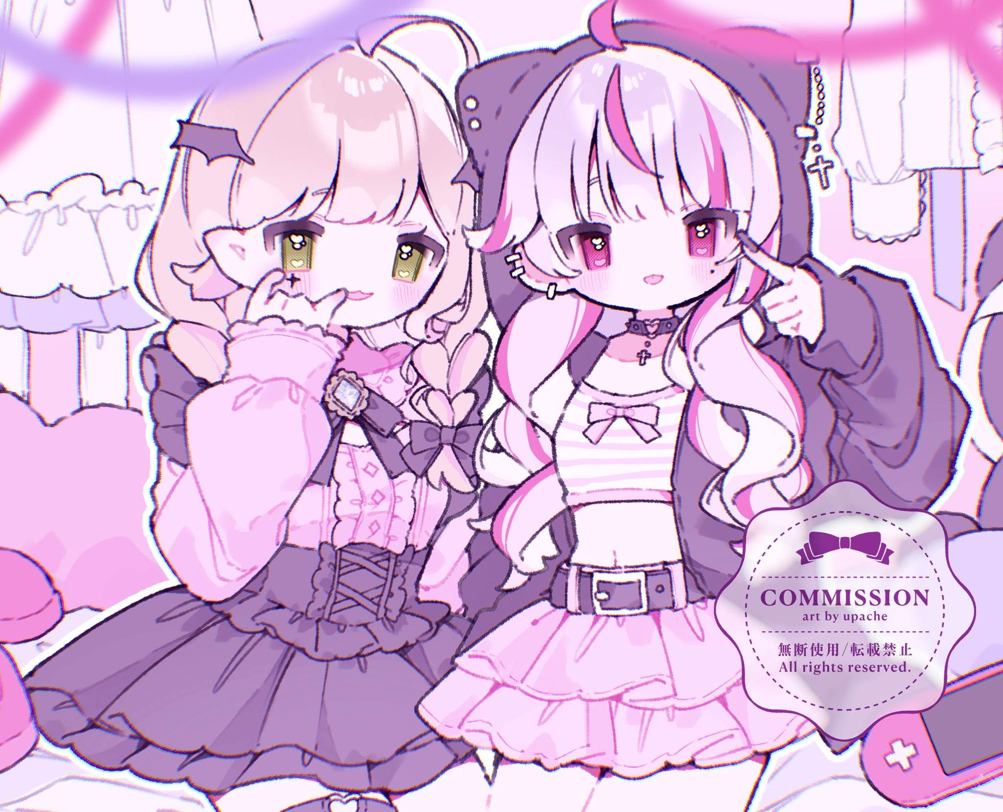 upa papa co, original, commentary, commission, highres, symbol-only commentary, 2girls, :3, :p, ahoge, artist name, belt, black belt, black jacket, black nails, black skirt, blonde hair, blunt bangs, blush, closed mouth, cowboy shot, crop top, green eyes, grey hair, hair ornament, hood, hood up, jacket, long hair, long sleeves, midriff, multicolored hair, multiple girls, nail polish, navel, open clothes, open jacket, open mouth, pink eyes, pink hair, pink shirt, pink skirt, shirt, skirt, streaked hair, tongue, tongue out, watermark, wing hair ornament