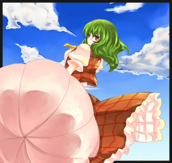 zoo min, kazami yuuka, touhou, 1girl, ascot, cloud, day, dutch angle, female focus, from behind, from below, green hair, looking back, plaid clothes, plaid skirt, plaid vest, red eyes, short hair, skirt, skirt set, sky, solo, umbrella, vest