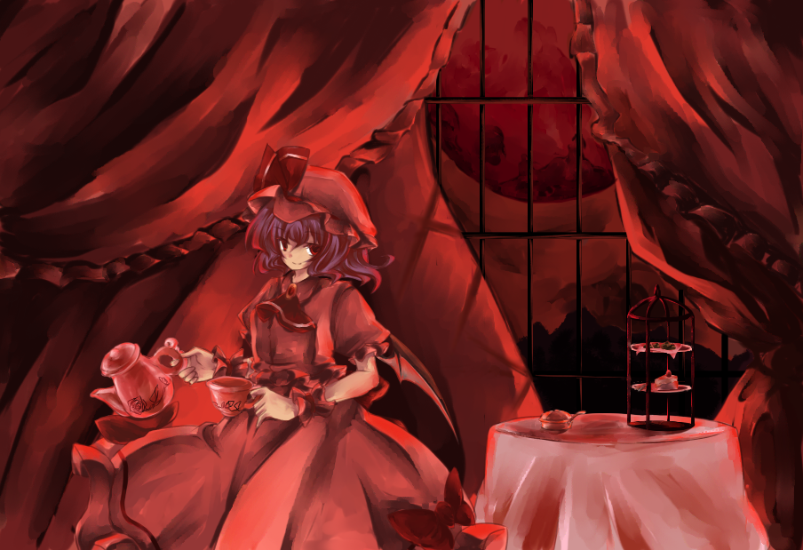 zoo min, remilia scarlet, touhou, 1girl, bat wings, blue hair, female focus, hat, indoors, moon, red eyes, red moon, short hair, sky, solo, wings