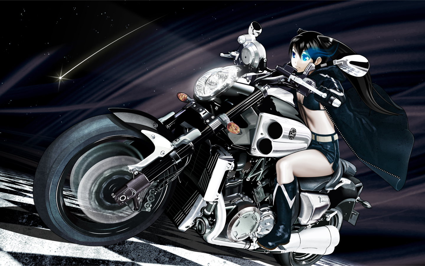 kikukawa norihiko, black rock shooter (character), yamaha v-max, black rock shooter, vehicle, bad id, bad pixiv id, 10s, 1girl, bikini, bikini top only, black hair, blue eyes, boots, breasts, driving, glowing, glowing eye, motor vehicle, motorcycle, night, shorts, sideboob, swimsuit, twintails, yamaha