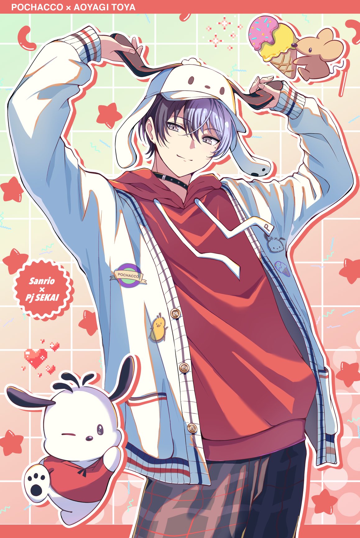 sakio1129, aoyagi touya, pochacco, project sekai, sanrio, commentary, highres, 1boy, arms up, black choker, blue hair, cardigan, character name, choker, closed mouth, copyright name, cowboy shot, drawstring, food, hat, heart, hood, hood down, hoodie, ice cream, ice cream cone, layered clothes, long sleeves, looking at another, looking at viewer, male focus, multicolored hair, official alternate costume, one eye closed, open cardigan, open clothes, pants, plaid clothes, plaid pants, pocket, red hoodie, short hair, smile, split mouth, star (symbol), two-tone hair
