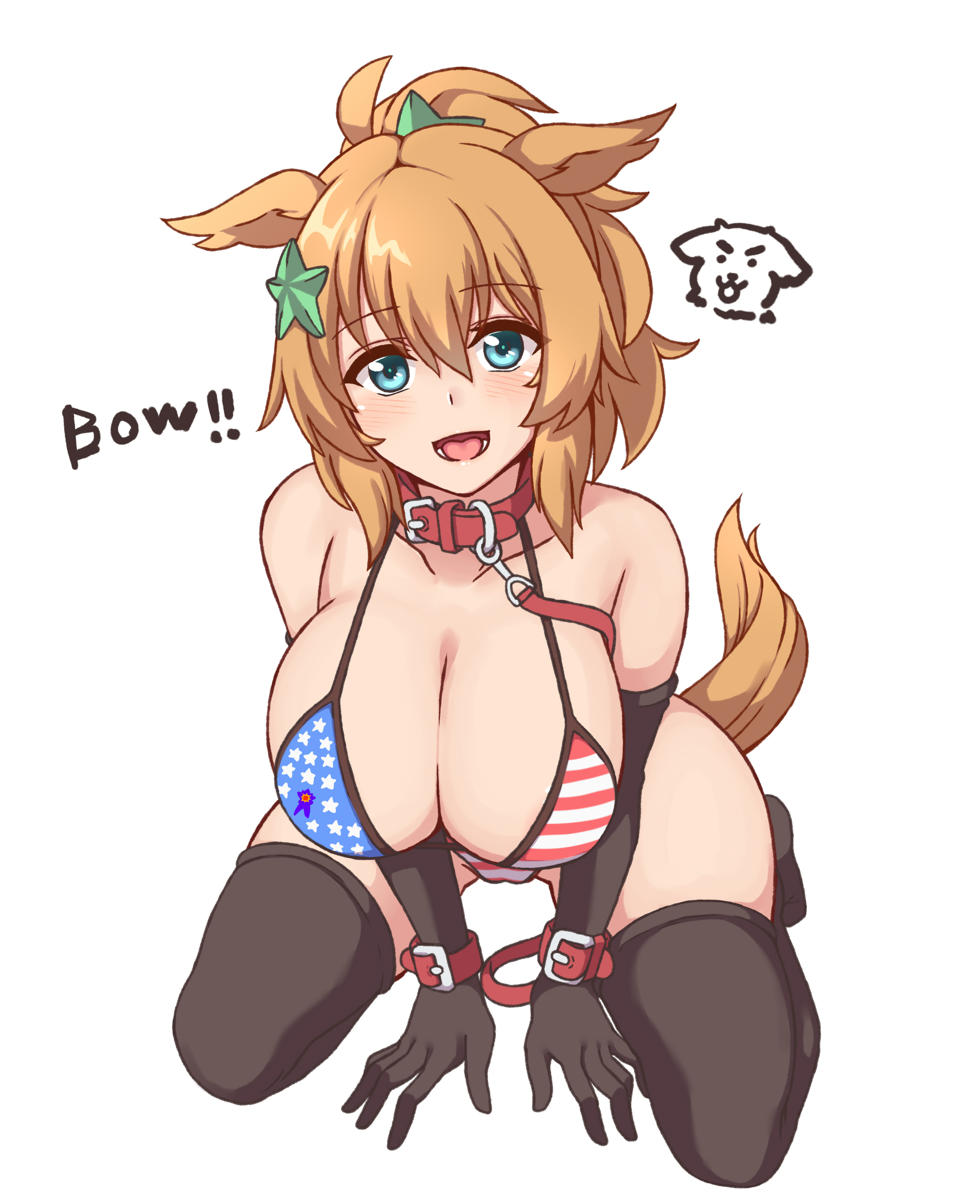 hakutaqanta, taiki shuttle (umamusume), umamusume, absurdres, commentary request, highres, 1girl, all fours, alternate costume, american flag, american flag bikini, american flag print, animal collar, animal ears, bikini, black gloves, black thighhighs, blonde hair, blue eyes, blush, breasts, cleavage, collar, english text, flag print, flag print bikini, gloves, hair between eyes, hair ornament, horse ears, horse girl, horse tail, large breasts, leash, long hair, looking at viewer, open mouth, pet play, ponytail, print bikini, red collar, simple background, smile, solo, star (symbol), star hair ornament, swimsuit, tail, thighhighs, thighs, tongue, white background, yellow tail