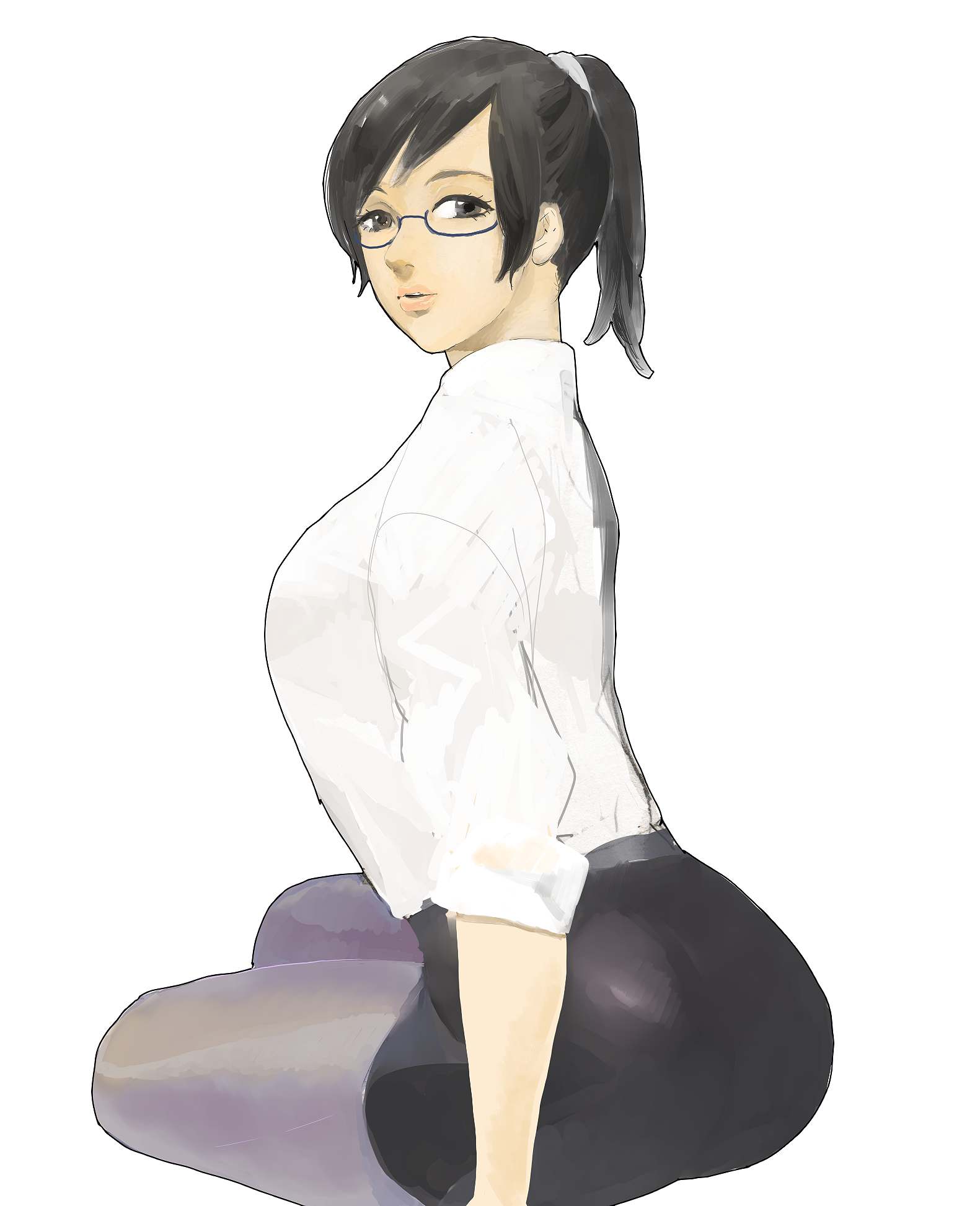 yamada humie, holon, real drive, bad id, bad pixiv id, highres, 1girl, black hair, brown eyes, female focus, glasses, pantyhose, pencil skirt, ponytail, skirt, sleeves rolled up, solo