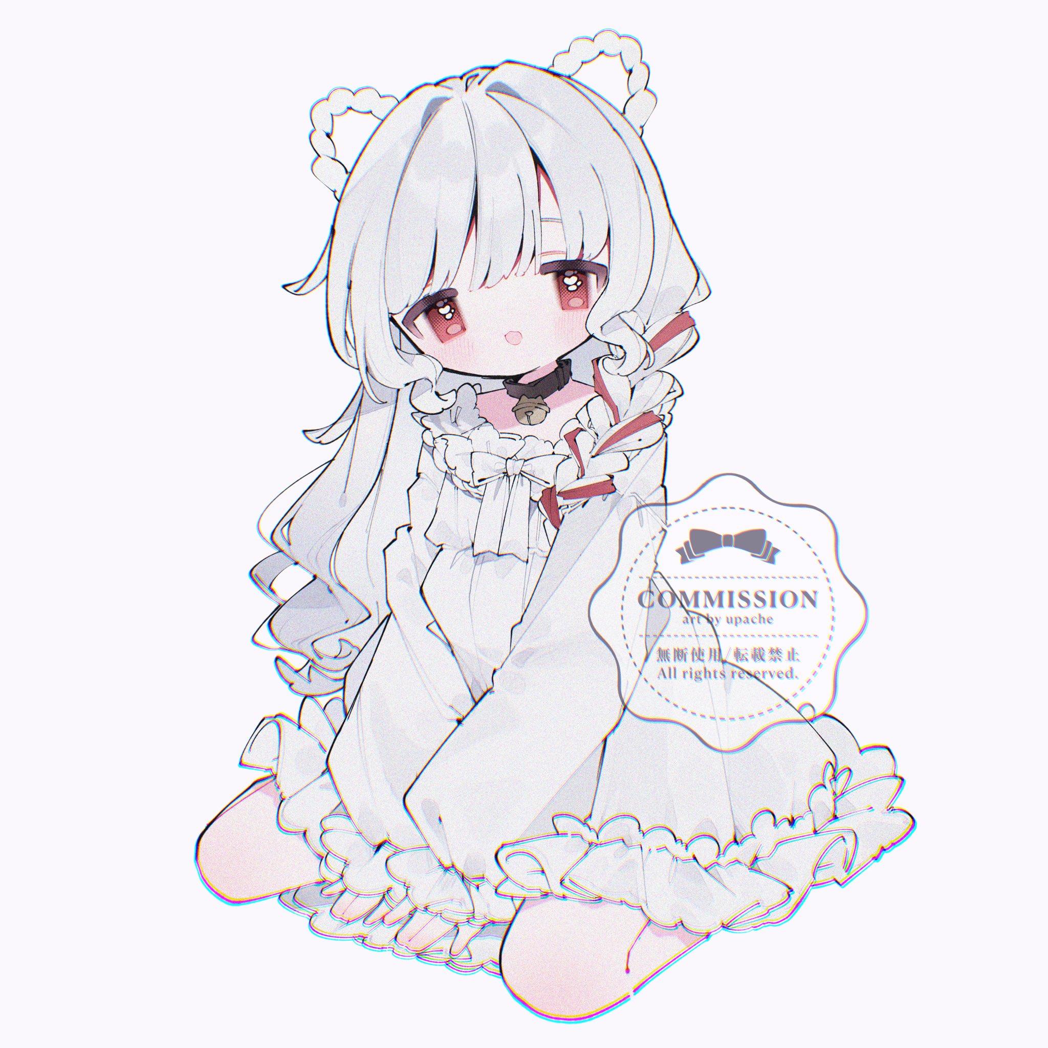 upa papa co, original, commentary, commission, highres, symbol-only commentary, 1girl, :d, bell, black collar, braid, braided hair rings, collar, dress, frilled dress, frills, full body, hair ribbon, hair rings, long hair, long sleeves, looking at viewer, neck bell, open mouth, red eyes, red ribbon, ribbon, simple background, single braid, sitting, smile, solo, wariza, white background, white dress, white hair