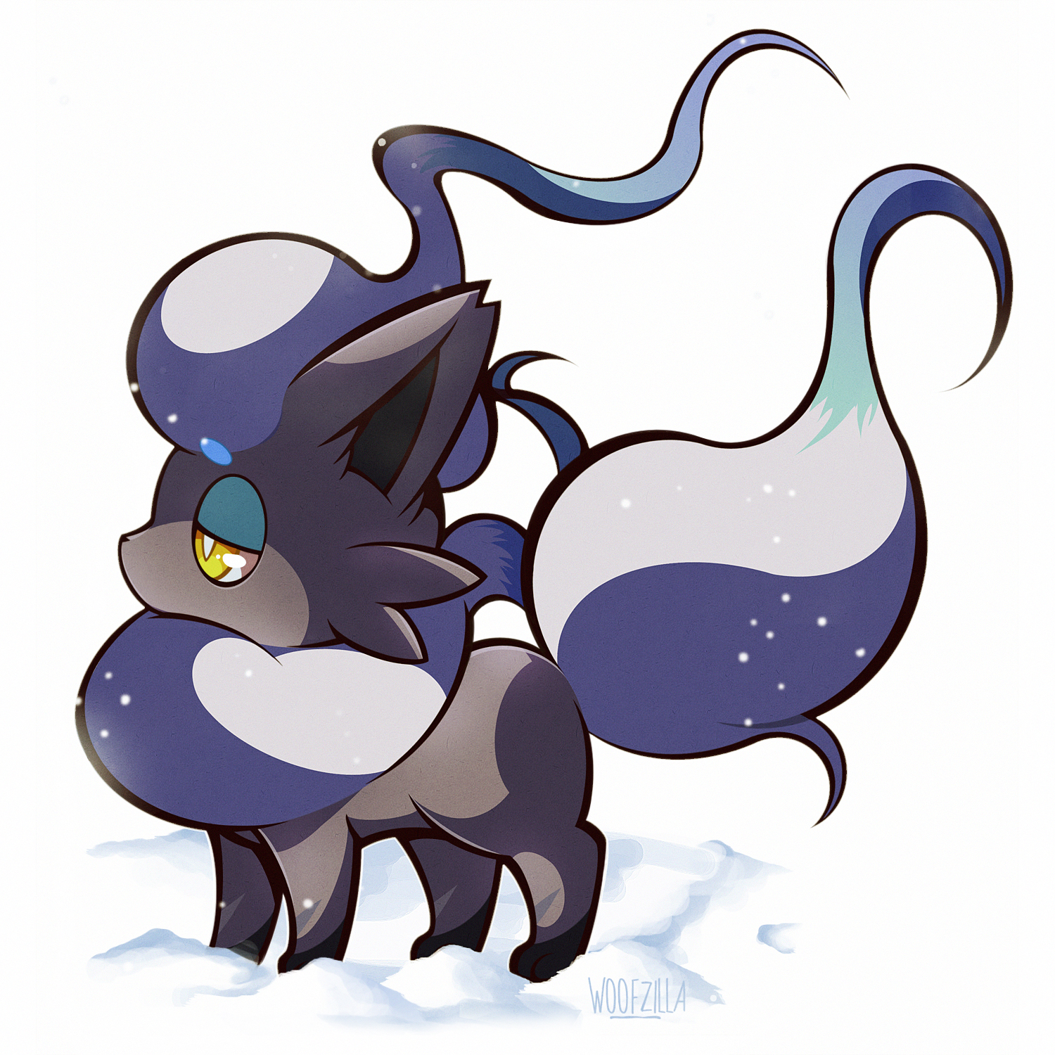 woofzilla, hisuian zorua, nintendo, pokemon, commentary, english commentary, highres, alternate color, animal focus, bright pupils, from side, full body, no humans, pokemon (creature), shiny pokemon, simple background, snow, snowing, solo, white background, white pupils, yellow eyes