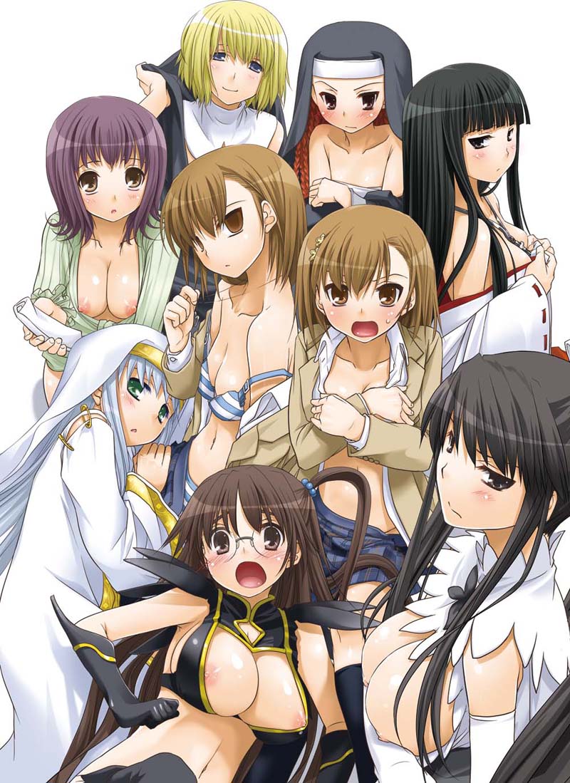 nakajima yuka, agnese sanctis, himegami aisa, index (toaru majutsu no index), itsuwa, kanzaki kaori, kazakiri hyouka, misaka imouto, misaka imouto 10032, misaka mikoto, orsola aquinas, magical powered kanamin, toaru majutsu no index, toaru majutsu no index: old testament, breast hold, jpeg artifacts, 00s, 6+girls, blunt bangs, blush, bra, breasts, brown hair, covering breasts, covering privates, everyone, glasses, hime cut, japanese clothes, large breasts, lingerie, long hair, miko, multiple girls, nipple slip, nipples, nun, siblings, sisters, underwear, undressing