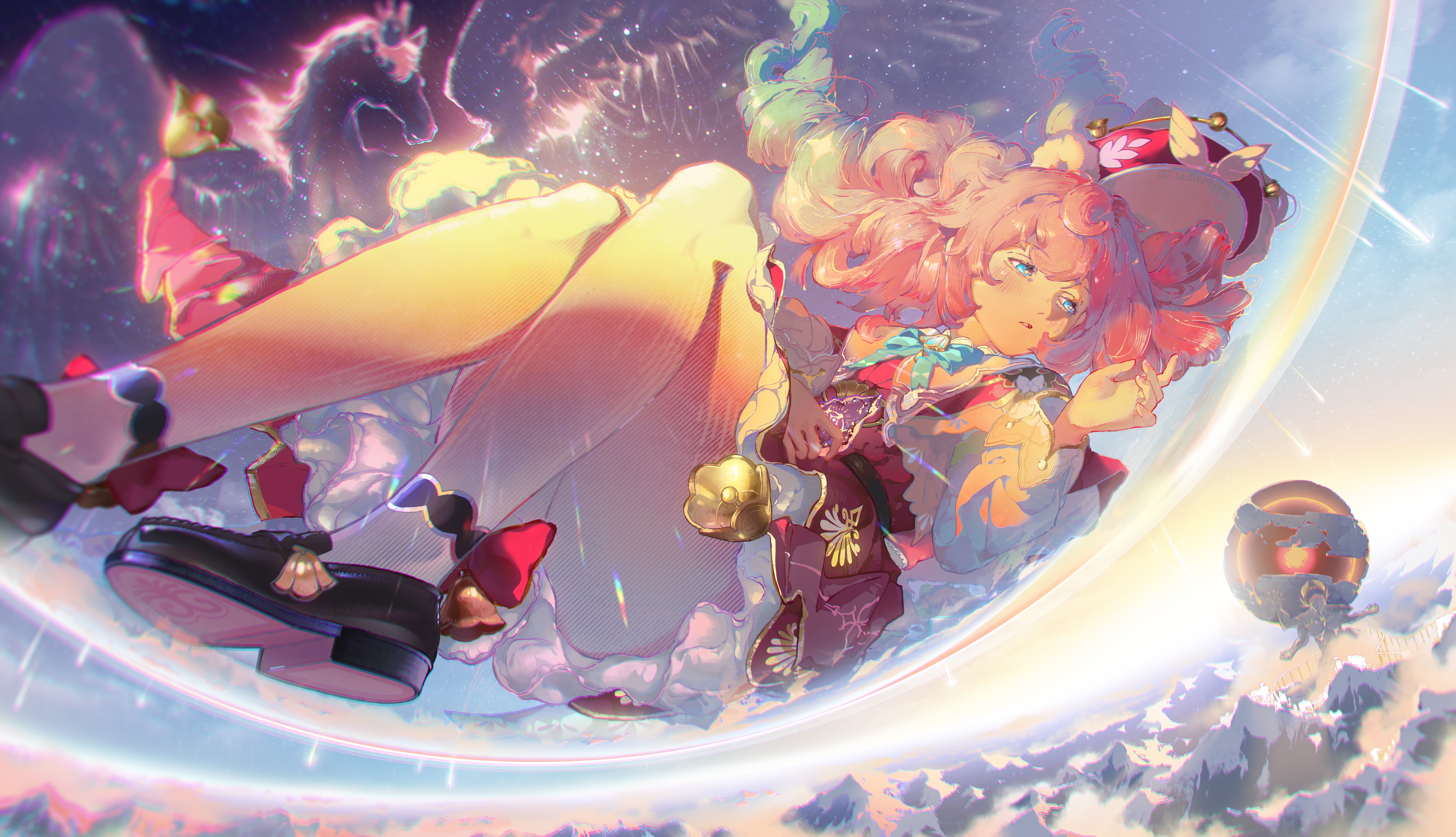 hyacine (honkai: star rail), honkai: star rail, honkai (series), absurdres, commentary, english commentary, highres, 1girl, bell, beret, black shoes, blue sky, bow, dress, drill hair, floral print, green eyes, hat, kephale (honkai: star rail), ledlentsea, long hair, mountain, mountainous horizon, pantyhose, pegasus, pink hair, puffy sleeves, shoes, sky, star (sky), twin drills