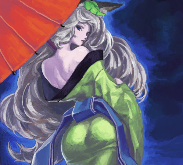 hisakata souji, inari, yuzuruha, oboro muramasa, bad id, bad pixiv id, 1girl, animal ears, ass, back, bare shoulders, curly hair, fox ears, from behind, grey hair, japanese clothes, kimono, leaf, leaf on head, long hair, looking back, object on head, off shoulder, oil-paper umbrella, umbrella, very long hair