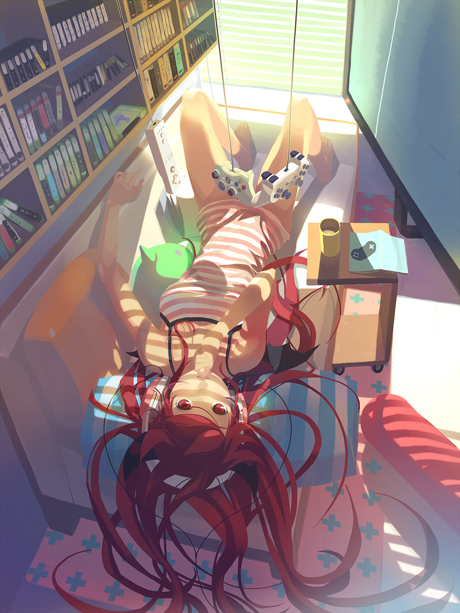vofan, famitsu, super famicom, highres, 1girl, barefoot, bat wings, cable, controller, couch, female focus, game console, game controller, gamepad, hand to own mouth, headphones, legs, long hair, looking at viewer, lying, no panties, playing games, red eyes, red hair, shirt, solo, striped clothes, striped shirt, television, upside-down, video game, wii, window blinds, window shadow, wings, xbox 360
