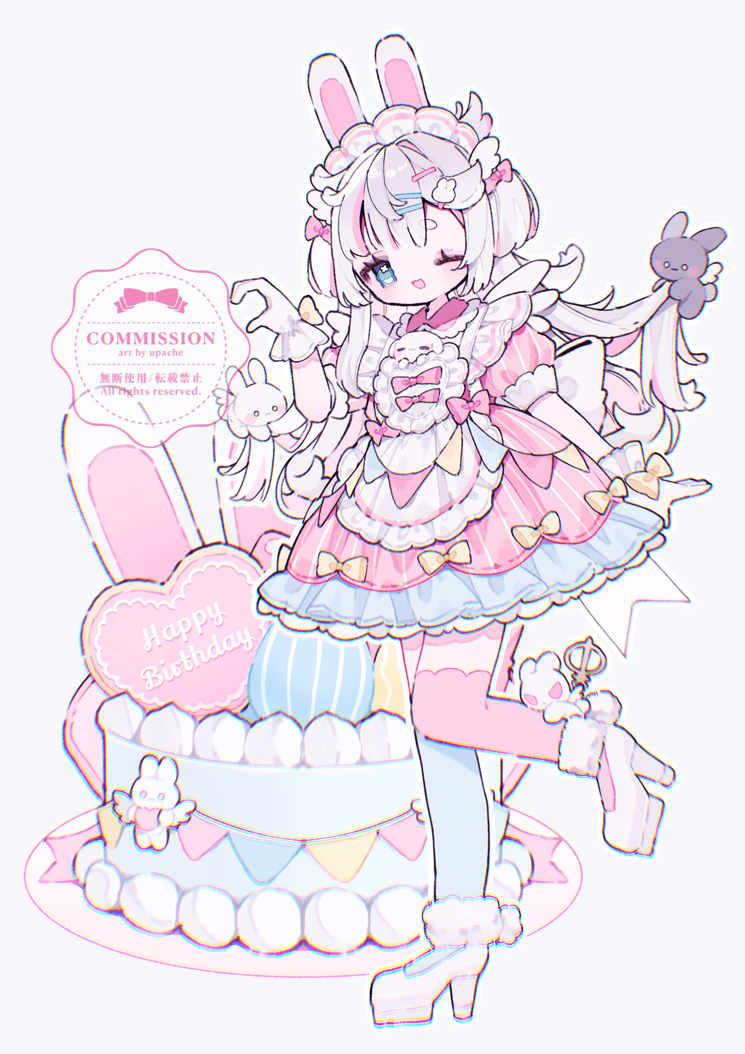 upa papa co, original, commentary, commission, highres, symbol-only commentary, 1girl, ;d, animal ears, apron, artist name, asymmetrical legwear, blue thighhighs, bow, dress, dress bow, frilled apron, frilled dress, frills, full body, glove bow, gloves, hair ornament, hairclip, hand up, high heels, long hair, looking at viewer, mismatched legwear, one eye closed, open mouth, outline, parallel hairclips, pink dress, pink thighhighs, rabbit ears, rabbit girl, shoes, short sleeves, simple background, smile, solo, standing, standing on one leg, striped clothes, striped dress, thighhighs, watermark, white apron, white background, white gloves, white hair, white outline, white shoes, yellow bow
