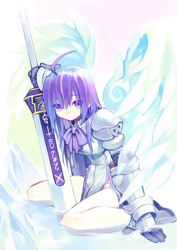 shigehiro (hiroi heya), aselia bluespirit, eien no aselia, eternity sword series, 1girl, ahoge, armor, armored dress, dress, female focus, full body, gauntlets, holding, holding sword, holding weapon, kneeling, legs, long hair, pauldrons, purple eyes, purple hair, ribbon, shallow water, shoulder armor, sitting, solo, sword, wariza, water, weapon, wings