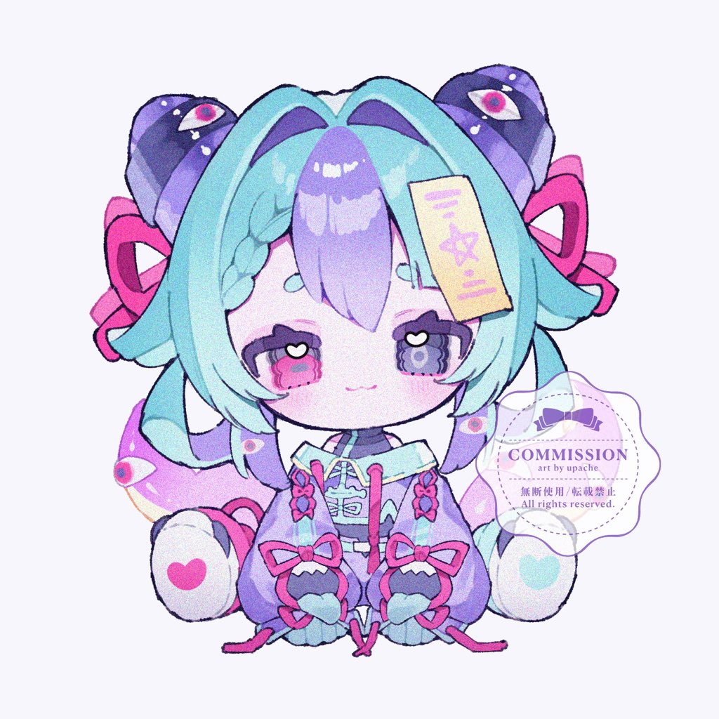 upa papa co, original, commentary, commission, symbol-only commentary, 1girl, :3, artist name, black eyes, blue hair, blush, chibi, chibi only, closed mouth, double-parted bangs, full body, hair intakes, hair ribbon, heterochromia, long sleeves, looking at viewer, multicolored hair, ofuda, ofuda on head, pink ribbon, purple hair, purple shirt, red eyes, ribbon, shirt, simple background, sitting, smile, solo, thick eyebrows, two-tone hair, watermark, white background