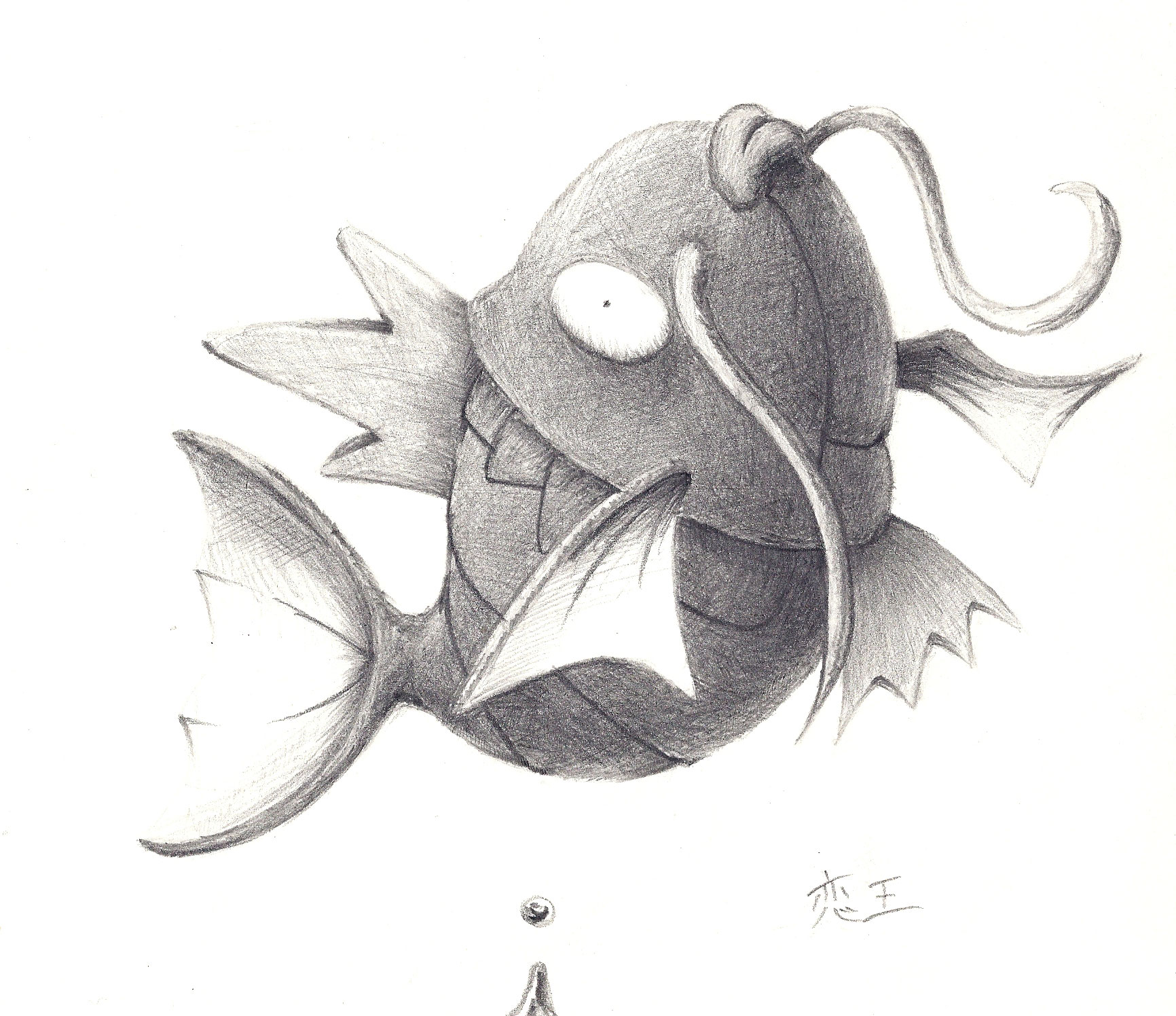 supercompass, magikarp, nintendo, pokemon, highres, traditional media, animal focus, fins, fish, gen 1 pokemon, greyscale, lips, monochrome, no humans, pokemon (creature), pokemon focus, signature, simple background, solo, tail, water, whiskers, white background