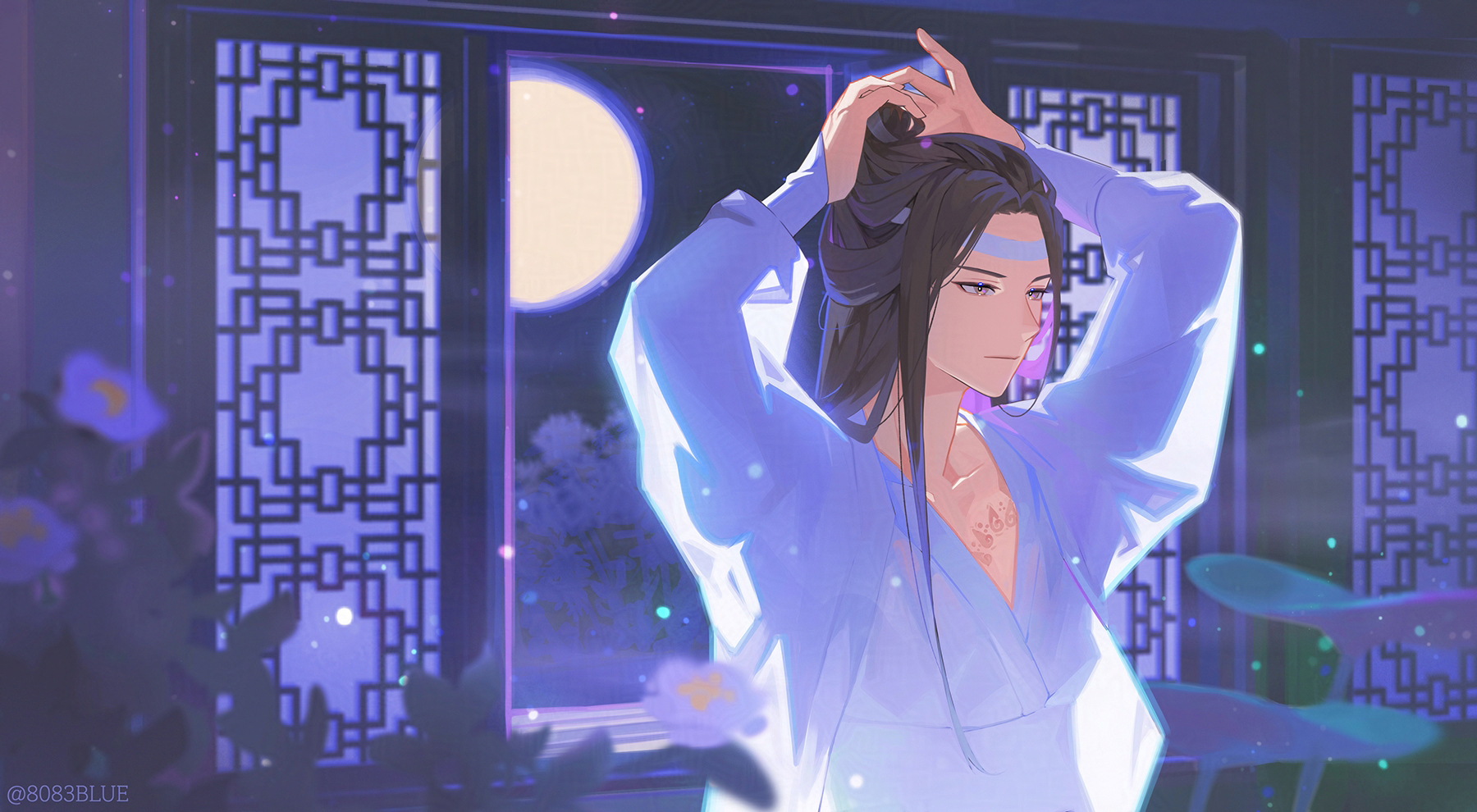 8083 blue, lan wangji, modao zushi, commentary request, highres, arm up, backlighting, black hair, brown eyes, closed mouth, collarbone, full moon, hairband, japanese clothes, long hair, moon, moonlight, night, solo, tying hair, white hairband