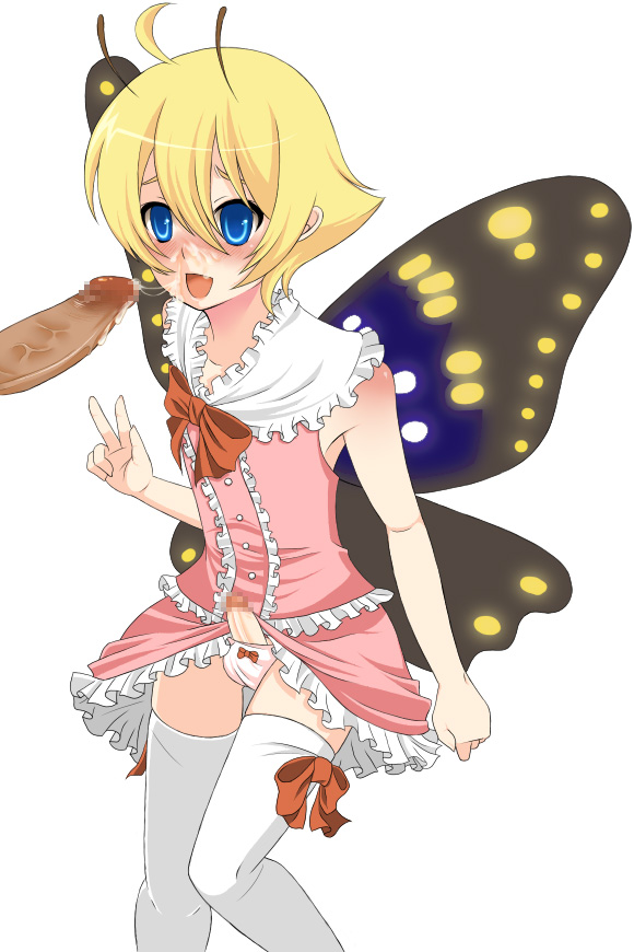 der junge, shimon (shimotsuma), shimotsuma, bad id, bad pixiv id, 2boys, androgynous, antennae, blonde hair, blue eyes, butterfly wings, censored, crossdressing, crossdressing (mtf), cum, dress, fairy, insect wings, male focus, multiple boys, open mouth, panties, penis, shoes, short hair, shota, solo focus, testicles, thighhighs, trap, underwear, v, wet, wet clothes, wet panties, white thighhighs, wings, yaoi
