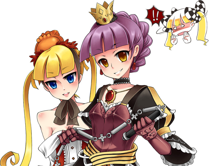 der junge, alusha (7th dragon), berich (7th dragon), knight (7th dragon), princess (7th dragon), sora (7th dragon), 7th dragon, 7th dragon (series), !, 2girls, blonde hair, blue eyes, breasts, cleavage, crown, dress, jewelry, multiple girls, orange eyes, pendant, purple hair, small breasts, twintails, whip