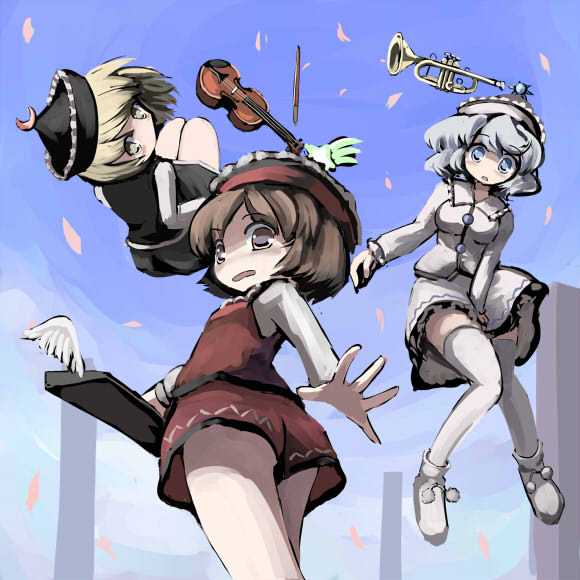 gatau, lunasa prismriver, lyrica prismriver, merlin prismriver, touhou, silver hair, 3girls, blonde hair, blue eyes, bow (music), brown eyes, brown hair, cherry blossoms, day, female focus, flying, from behind, hat, instrument, keyboard, keyboard (instrument), miniskirt, multiple girls, petals, short hair, shorts, siblings, sisters, skirt, skirt tug, sky, thighhighs, trumpet, violin, white thighhighs, yellow eyes, zettai ryouiki