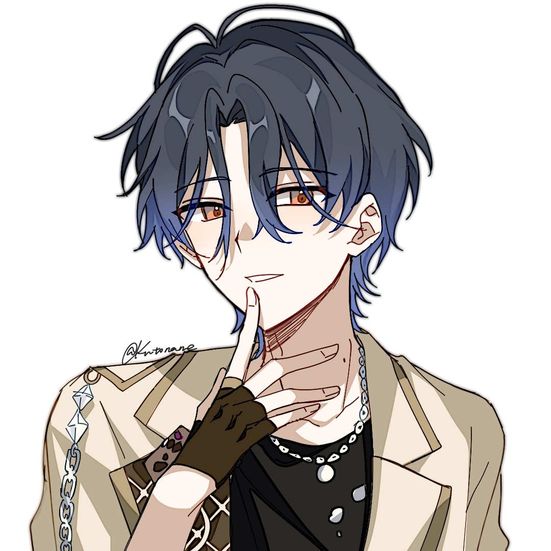 ensemble stars!, commentary, 1boy, blue hair, brown gloves, chain, fingerless gloves, fingernails, gloves, gradient hair, hand up, jewelry, lapels, looking at viewer, male focus, mingxi, mole, mole on neck, multicolored hair, necklace, notched lapels, orange eyes, short hair, simple background, solo, tsuzura chitose, twitter username, upper body, white background