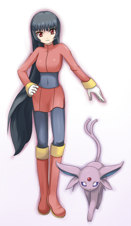 ni-jo, espeon, sabrina (pokemon), nintendo, pokemon, pokemon gsc, 1990s (style), 1girl, black bodysuit, black hair, bodysuit, boots, gen 2 pokemon, gloves, gym leader, long hair, pantyhose, pokemon (creature), red eyes, retro artstyle, tail, very long hair