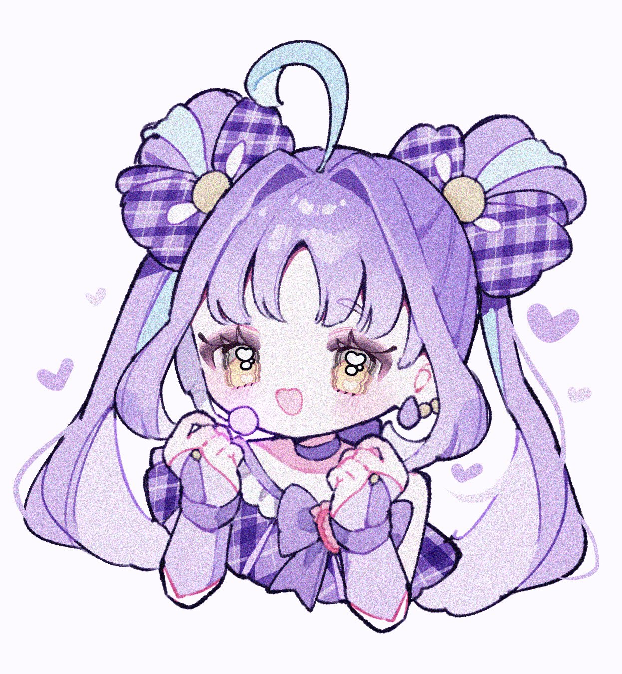 upa papa co, cure kyunkyun, shigure kokoro, kimi to idol precure, precure, commentary, highres, 1girl, :d, ahoge, blue hair, blush, bow, bow choker, candy, choker, cropped torso, earrings, food, heart, holding, holding candy, holding food, holding lollipop, jewelry, lollipop, long hair, looking at viewer, multicolored hair, open mouth, parted bangs, purple choker, purple hair, purple shirt, shirt, simple background, smile, solo, streaked hair, twintails, two-tone hair, white background, yellow eyes