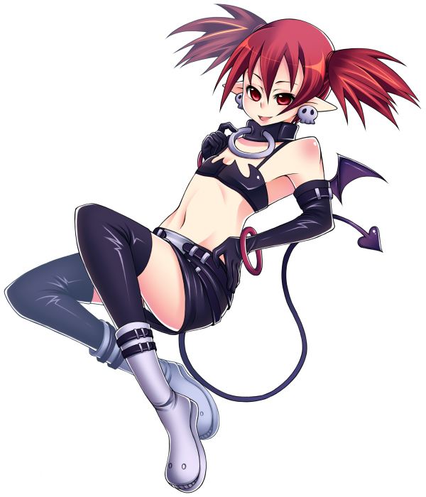 der junge, etna (disgaea), disgaea, 1girl, belt, black thighhighs, boots, bracelet, choker, demon girl, elbow gloves, female focus, flat chest, gloves, jewelry, midriff, miniskirt, navel, panties, pantyshot, pencil skirt, pointy ears, red eyes, red hair, short hair, simple background, skirt, smile, solo, tail, thighhighs, twintails, underwear, white panties, wings, zettai ryouiki