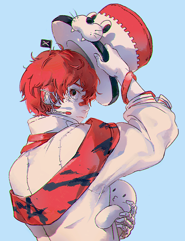asertr, fukase, point (vocaloid), vocaloid, commentary request, 1boy, animal hat, arm up, bandaid, bandaid on face, bandaid on nose, black eyes, blue background, chromatic aberration, closed mouth, coat, collared coat, colored skin, crossed bandaids, fingernails, flag, from behind, from below, frown, hair between eyes, hat, head flag, headset, holding, holding unworn clothes, holding unworn hat, long sleeves, looking back, puffy long sleeves, puffy sleeves, red hair, short hair, sideways glance, simple background, top hat, unworn hat, unworn headwear, upper body, white coat, white hat, white skin