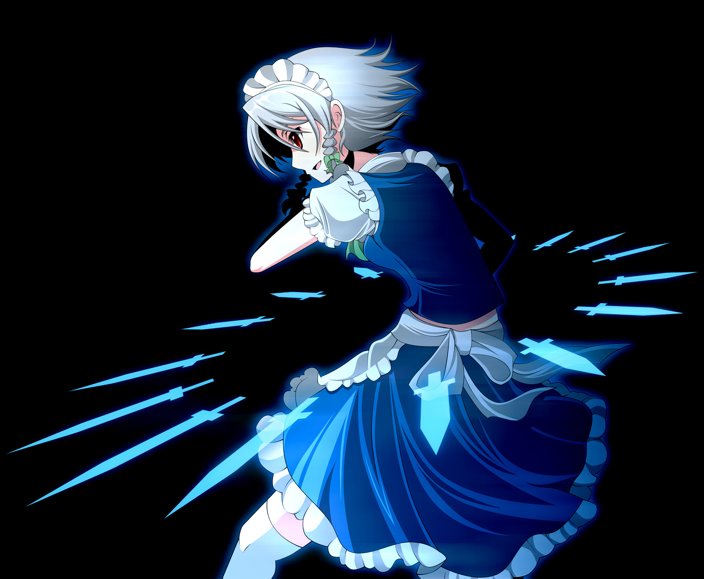 der junge, izayoi sakuya, embodiment of scarlet devil, touhou, 1girl, braid, danmaku, female focus, knife, maid, red eyes, short hair, solo, thighhighs, twin braids, white hair