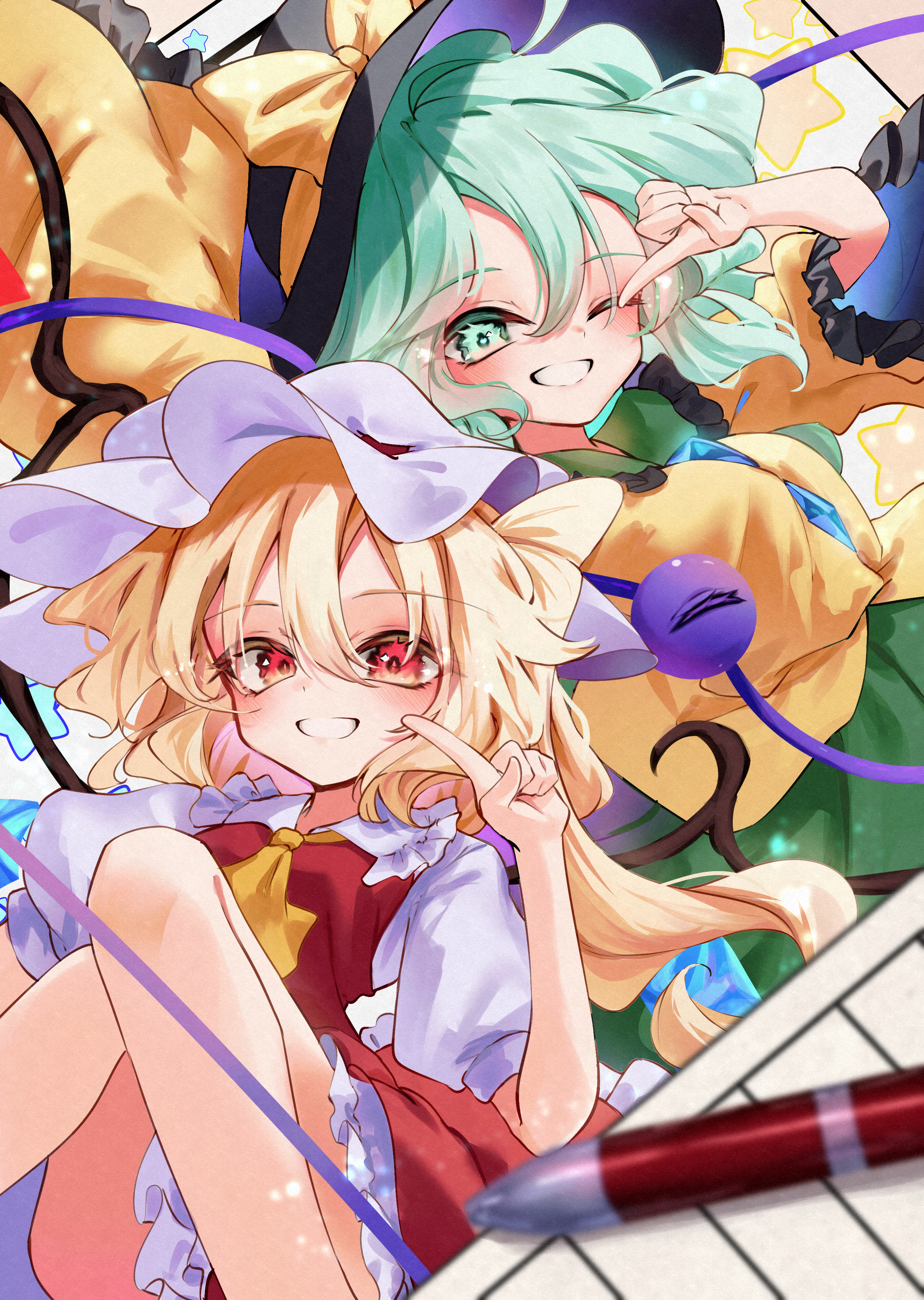 calpis118, flandre scarlet, komeiji koishi, touhou, absurdres, commentary request, highres, third-party source, 2girls, ;d, aqua eyes, aqua hair, ascot, bare legs, black hat, blonde hair, blush, bow, buttons, cellphone, diamond button, feet out of frame, finger to cheek, frilled sailor collar, frills, green sailor collar, green skirt, hair between eyes, hat, hat bow, index finger raised, knees up, looking at viewer, multiple girls, one eye closed, one side up, open mouth, phone, red skirt, red vest, sailor collar, shirt, skirt, skirt set, smile, vest, white hat, white shirt, yellow ascot, yellow bow, yellow shirt