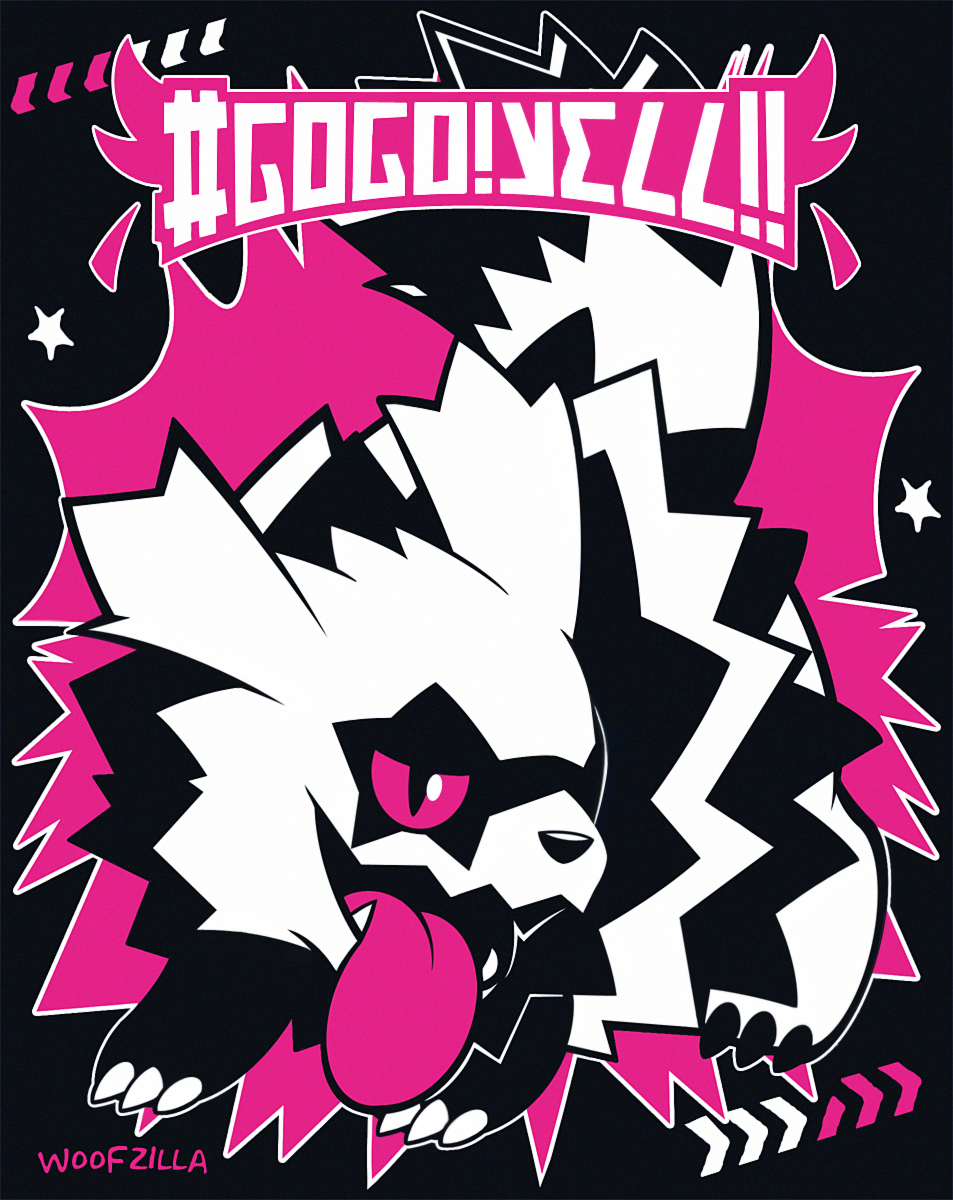 woofzilla, galarian zigzagoon, nintendo, pokemon, commentary, english commentary, highres, artist name, black background, claws, english text, fangs, full body, galarian form, gen 8 pokemon, limited palette, no humans, pokemon (creature), simple background, solo, star (symbol), tongue, tongue out