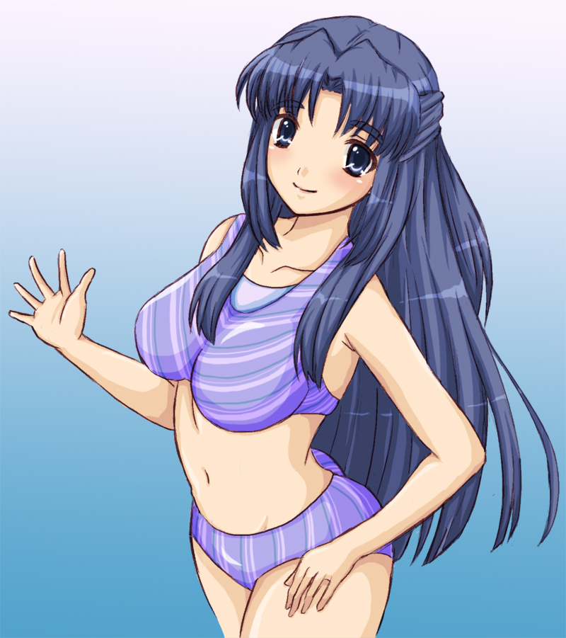 esuyuki, asakura ryoko, suzumiya haruhi no yuuutsu, 00s, 1girl, bikini, blue eyes, blue hair, breasts, cleavage, female focus, large breasts, long hair, matching hair/eyes, solo, swimsuit