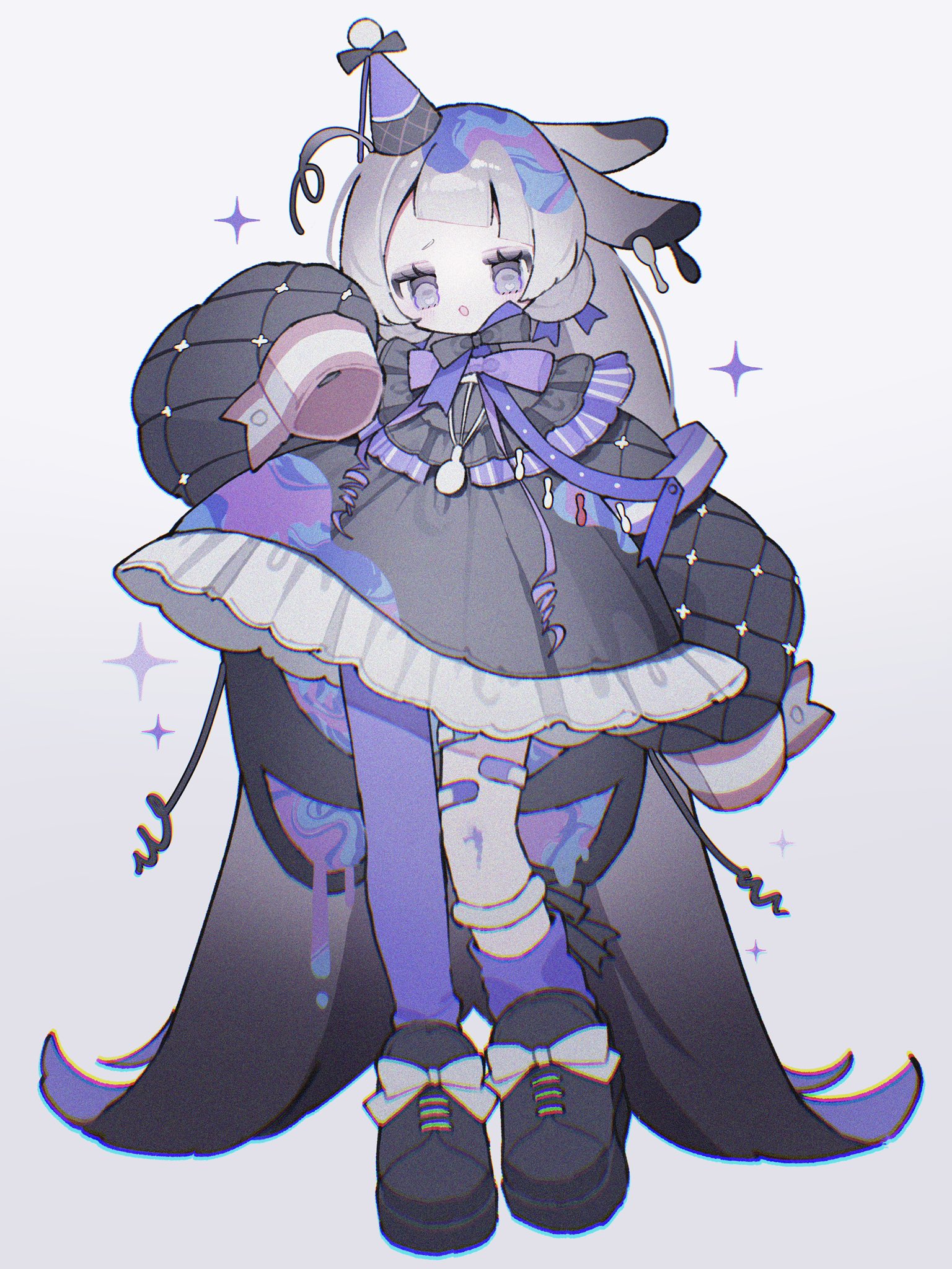 upa papa co, original, commentary, highres, symbol-only commentary, 1girl, asymmetrical legwear, bandaid, bandaid on leg, black dress, black shoes, blunt bangs, bow, bowtie, dress, footwear bow, frilled dress, frills, full body, grey eyes, grey hair, hand up, hat, long hair, long sleeves, looking at viewer, open mouth, pantyhose, purple bow, purple bowtie, purple hat, purple pantyhose, purple socks, shoes, simple background, single leg pantyhose, single sock, sleeves past fingers, sleeves past wrists, socks, solo, standing, uneven legwear, very long hair, white background, white bow