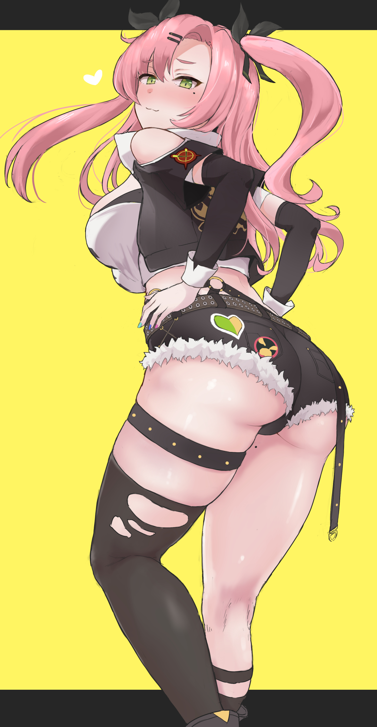 oumi (rsag), nicole demara, zenless zone zero, absurdres, highres, 1girl, ass, black jacket, black ribbon, black shorts, black thighhighs, blush, breasts, cropped jacket, detached sleeves, green eyes, hair ornament, hair ribbon, hairclip, jacket, large breasts, long hair, looking at viewer, looking back, pink hair, ribbon, short shorts, short sleeves, shorts, single thighhigh, smile, solo, strapless, thighhighs, thighs, tube top, two side up, white tube top