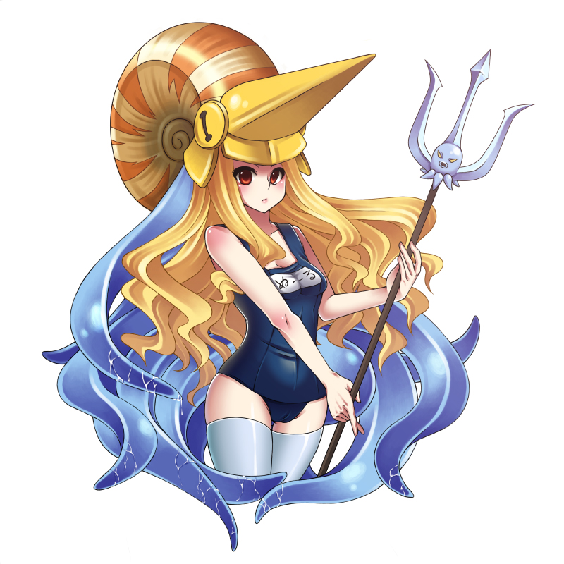 der junge, nool, capcom, street fighter, street fighter zero (series), warzard, 1990s (style), 1girl, blonde hair, female focus, genderswap, genderswap (mtf), one-piece swimsuit, polearm, red eyes, retro artstyle, school swimsuit, solo, swimsuit, tentacles, thighhighs, trident, weapon