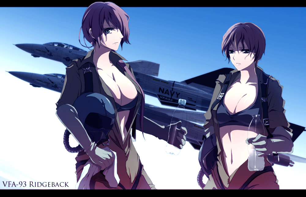 nicole pmonachi, f-14, pixiv, pixiv army, pilot suit, 2girls, aircraft, airplane, blue eyes, bottle, bra, breasts, cleavage, fighter jet, flight suit, g-suit, large breasts, letterboxed, lingerie, military, military vehicle, multiple girls, navel, open clothes, open shirt, pink hair, purple hair, shirt, short hair, underwear, water bottle