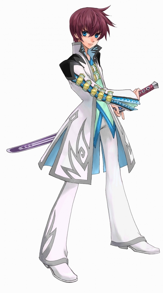 inomata mutsumi, asbel lhant, tales of (series), tales of graces, official art, 1boy, black hair, blue eyes, brown hair, fighting stance, long sleeves, male focus, ready to draw, sheath, sheathed, short hair, solo, sword, weapon