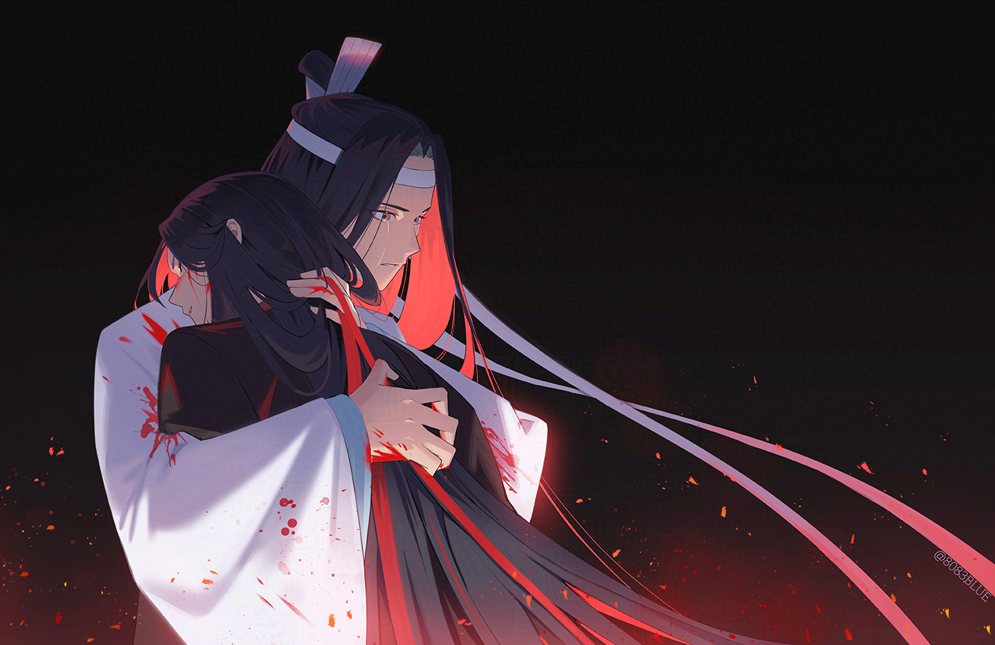 8083 blue, lan wangji, wei wuxian, modao zushi, commentary request, 2boys, black background, black hair, blood, blood on clothes, blood on hands, brown eyes, closed mouth, crying, gradient background, hairband, hug, japanese clothes, kimono, long hair, long sleeves, male focus, multiple boys, very long hair, white hairband, white kimono, wide sleeves, yaoi