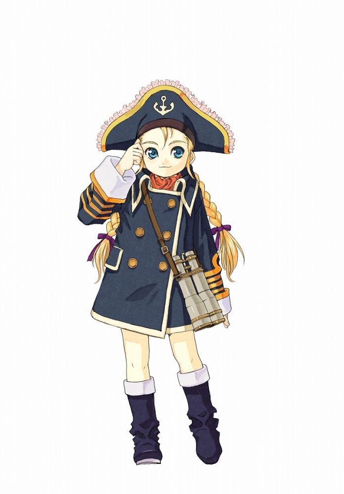 fujishima kousuke, patty fleur, tales of (series), tales of vesperia, official art, 00s, 1girl, binoculars, blonde hair, blue boots, blue eyes, boots, braid, child, female focus, hat, knee boots, long hair, pirate, pirate hat, solo, twin braids