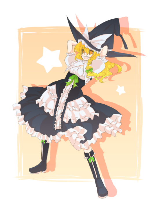 zoo min, kirisame marisa, touhou, bad id, bad pixiv id, 1girl, blonde hair, braid, female focus, full body, hat, short hair, solo, witch, witch hat, yellow eyes