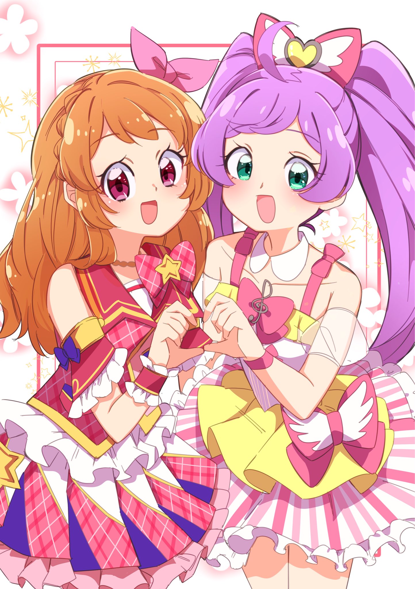 toon (noin), manaka laala, ozora akari, aikatsu!, aikatsu! (series), pretty series, pripara, commentary request, highres, 2girls, :d, ahoge, aikatsu! x pripara the movie -deai no kiseki!-, bare shoulders, bow, braid, crossover, crown braid, detached collar, dress, frilled dress, frilled skirt, frills, genre connection, green eyes, hair bow, heart, heart hands, heart hands duo, long hair, looking at viewer, multiple girls, open mouth, orange hair, pink bow, pink shirt, pink skirt, plaid clothes, plaid skirt, pleated skirt, purple hair, red eyes, shirt, short dress, skirt, smile, standing, star (symbol), twintails, very long hair, yellow dress
