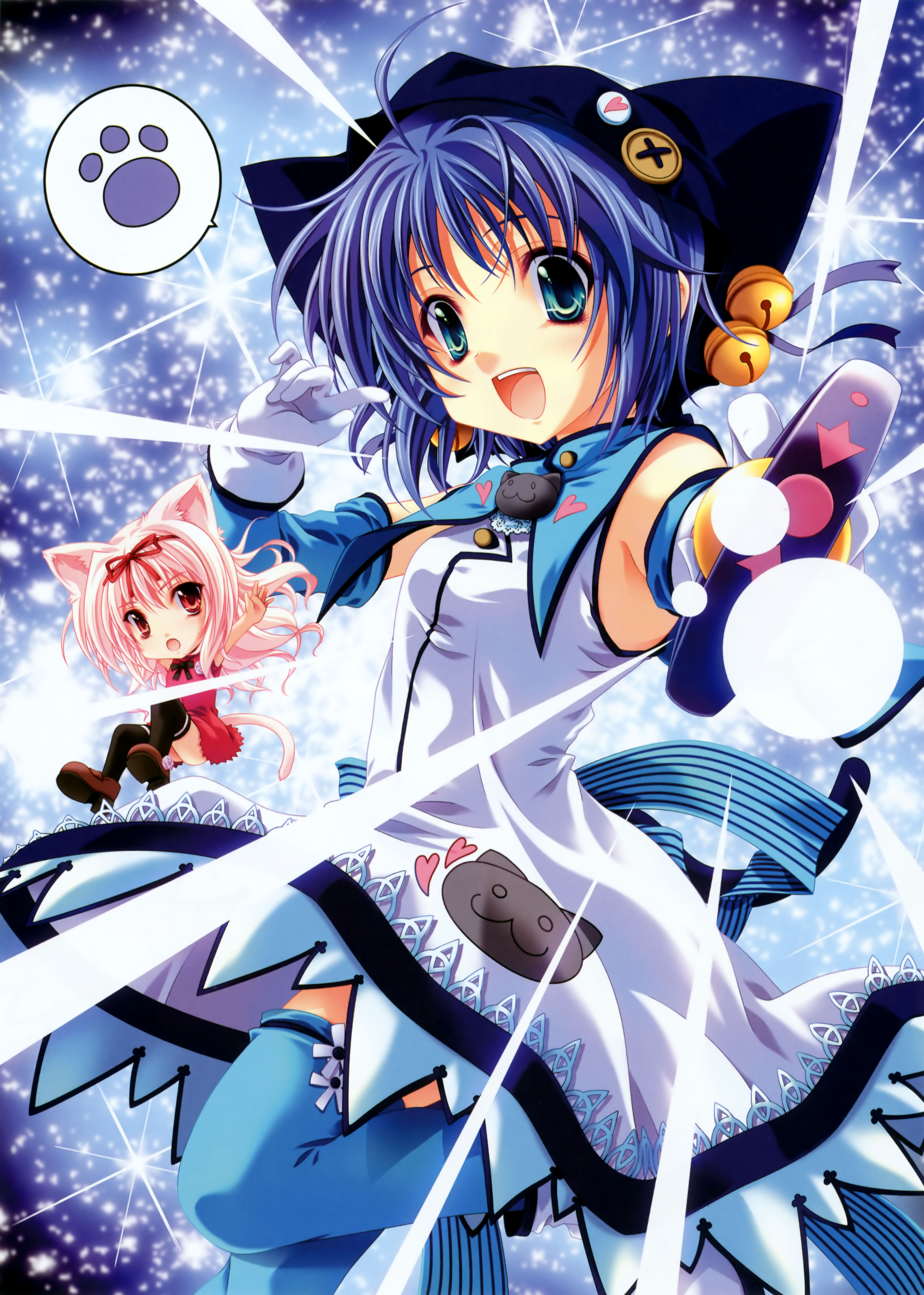 miyama-zero, akina suzutsuki, yuki seseri, kanojo tachi no ryuugi, absurdres, highres, animal ears, blue eyes, blue hair, dress, paw print, pink hair, red eyes, tail