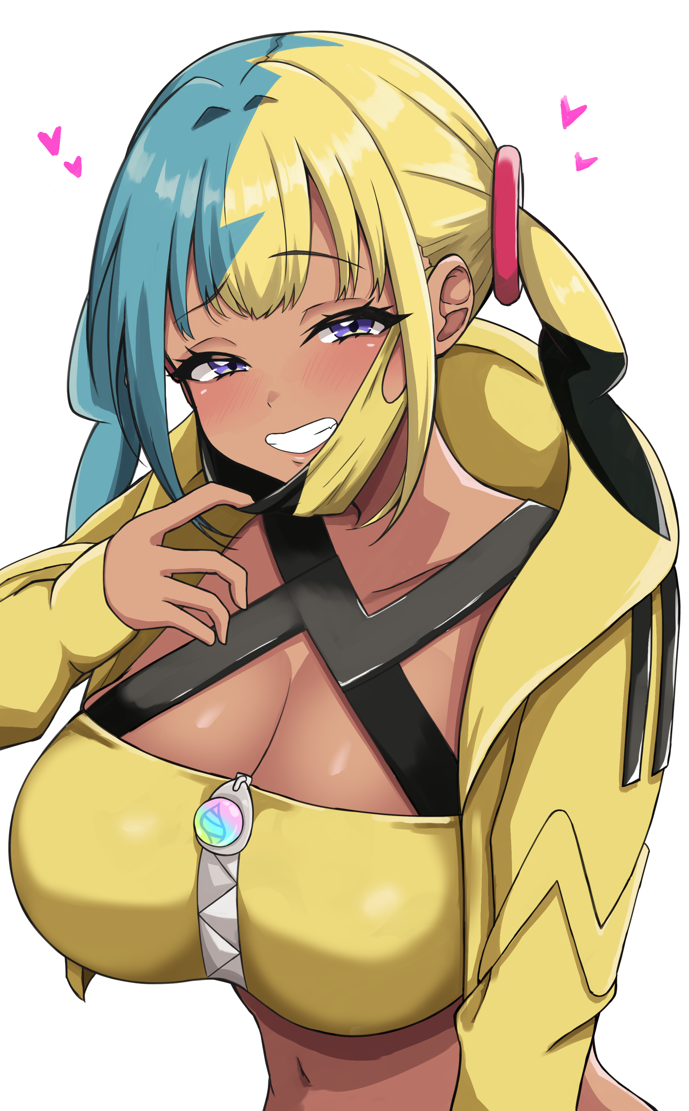 mahinatayuzu, canari (pokemon), nintendo, pokemon, pokemon legends: z-a, absurdres, commentary request, highres, 1girl, :d, alternate breast size (larger), aqua hair, bandeau, black mask, blonde hair, blush, breasts, cleavage, crop top, dark-skinned female, dark skin, grin, hand up, heart, hood, hood down, hooded jacket, jacket, large breasts, long hair, long sleeves, looking at viewer, mask, mask pull, mouth mask, multicolored hair, navel, open clothes, open jacket, open mouth, purple eyes, raised eyebrow, simple background, smile, solo, split-color hair, twintails, two-tone hair, two-tone mask, upper body, white background, yellow bandeau, yellow jacket, yellow mask, zipper, zipper pull tab